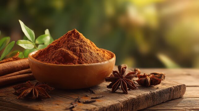 Bowl of Warm Cinnamon Spice with Star Anise and Cinnamon Sticks on a Rustic Wooden Surface - Powered by Adobe