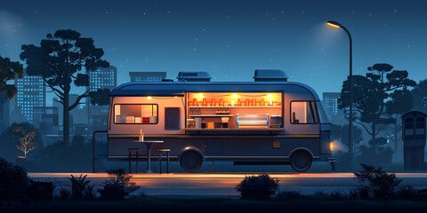 Food truck illustration with glowing interior parked on city street at night with urban backdrop