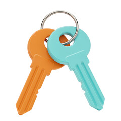 Two brightly colored keys orange and teal attached to a silver keyring isolated transparent background