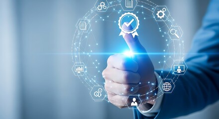 Hand showing thumbs up with quality assurance and guarantee icons around it