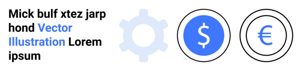Obraz premium Finance, currency, monetary exchange, economics, banking, transactions. Dollar and Euro symbols within blue circles alongside a gear icon. Finance and currency concept for global commerce