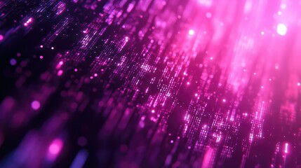 Abstract digital background showing glowing data streams or particles moving across a dark purple and pink surface, representing modern technology, big data, and information flow