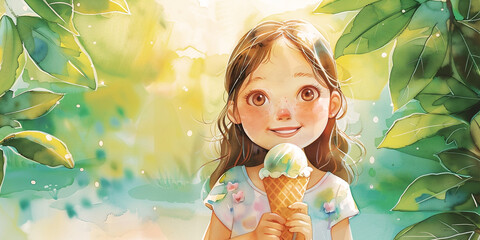 Young girl enjoying ice cream cone surrounded by lush greenery in a vibrant summer setting