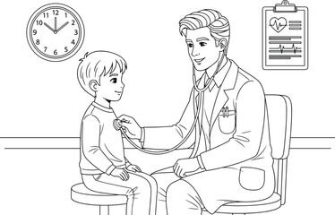 Caring male pediatrician doctor checks young boy's heart and lungs with stethoscope in a clean medical office, providing friendly, professional, and preventative healthcare 