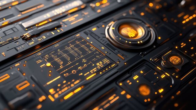 Dark, futuristic control panel with glowing orange lines and intricate circuits, depicting advanced technology and digital data processing unfolding on a complex system interface - Powered by Adobe