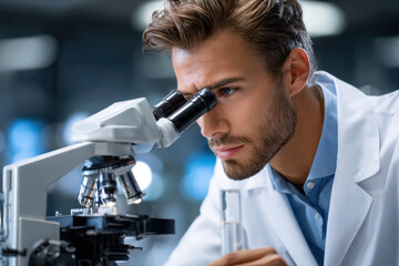 Scientist examines specimen under microscope in modern laboratory setting