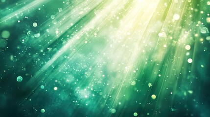 Glowing golden and green light rays beam down through a textured background, creating a mesmerizing abstract scene with shimmering bokeh and dust particles floating in the mystical light