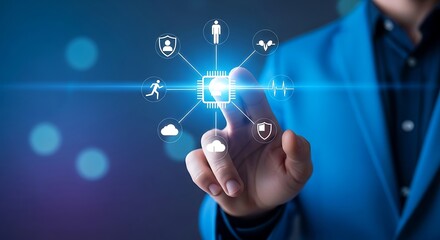 Man touching digital screen with security and protection icons overlay