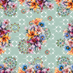 Beautifully colored rose pattern with a printed background on fabric