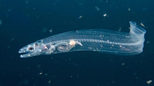 Leptocephalus eel larva swimming in the clear blue deep ocean, displaying its transparent, ribbon-like body and visible internal organs, surrounded by tiny plankton in its natural marine habitat