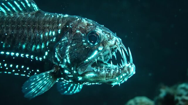 Deep-sea viperfish prowling dark ocean depths, baring needle-like teeth and glowing bioluminescent patterns as it hunts in the abyssal black