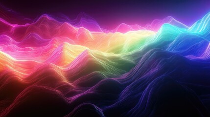 Abstract digital sound waves visualizing colorful data flow, creating a vibrant, glowing topographic landscape with smooth lines and dynamic light, representing technology and progress