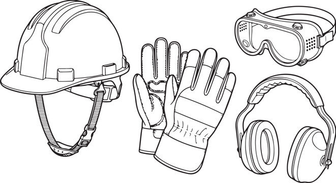 Industrial safety equipment set, including hard hat or helmet, work gloves, safety goggles or eye protection, and earmuffs or hearing protection, essential for workplace security and occupational heal