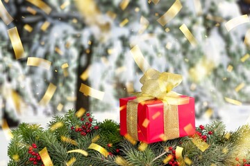 Christmas gift in setting of Winter holidays background.