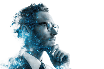 Thoughtful Businessman with Abstract Digital Overlay