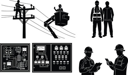 Professional Electrical Engineer Connecting Wires in Modern Circuit Breaker Panel Box, Construction Worker Performing Safety Inspection, Installation and Maintenance Service, 