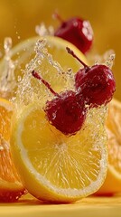 Fresh fruit splash with lemons and cherries in bright colors and clear water droplets at a close distance