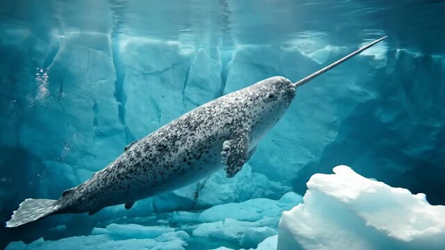 Narwhal swimming through clear blue arctic waters near large icebergs and smaller floating ice, exhaling bubbles while exploring its cold marine environment