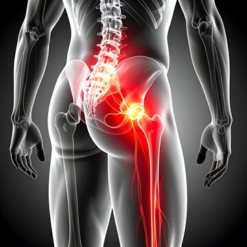 An anatomical render of a lower back, hip, and upper leg, highlighting the bone structure and pain areas in red