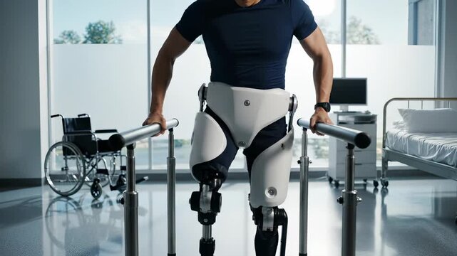Patient walks with exoskeleton on parallel bars in rehabilitation clinic. Man uses robotic exoskeleton for walking therapy. Patient practices with exoskeleton device. Rehabilitation walking exercise.