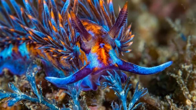 Nudibranch showing vibrant blue and orange colors, moving delicately across marine algae and soft coral on the seafloor during a detailed macro underwater view