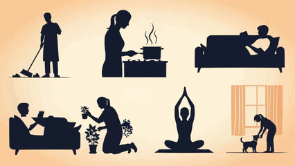 Diverse Daily Life Activities and Home Scenes Illustrated Silhouettes.