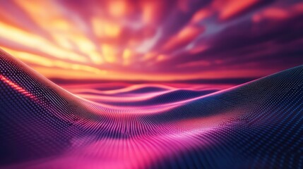 Abstract particle grid forming wavy patterns with a vibrant pink and purple gradient under an orange and red illuminated sky, representing connections and digital information