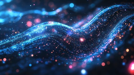 Abstract digital wave forming dynamic connection, visualizing complex data flow, network communication, big data analytics, and futuristic technological concepts with glowing particles