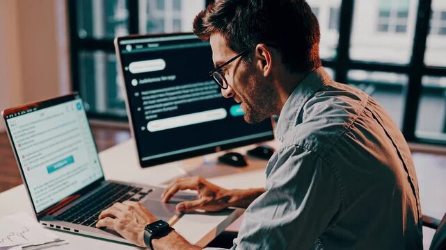 Close-Up of an Engineer Using AI Chatbot in Office to Optimize Performance and Accelerate Software Development