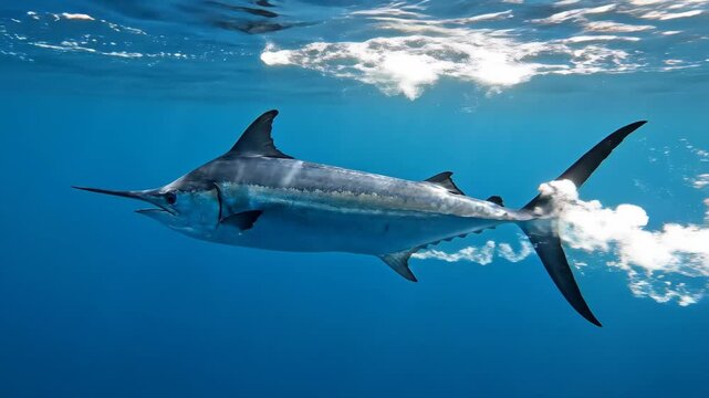 Blue marlin actively swimming through the vibrant blue ocean water near the surface, showcasing its powerful form and speed in its natural marine habitat
