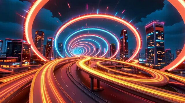 Futuristic city neon loop glowing ring cyber skyline night highway long exposure sci fi speed rush light trail cyberpunk tunnel