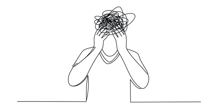 One line drawing of person holding head with tangled thoughts