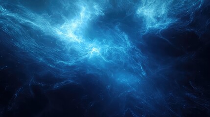 Abstract blue energy waves pulsating and flowing across a dark cosmic background, glowing fluid motion with particles and light streaks suggesting data streams, plasma and depth