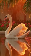 Swan glides on water with reflection at sunset near flowers in a calm garden setting
