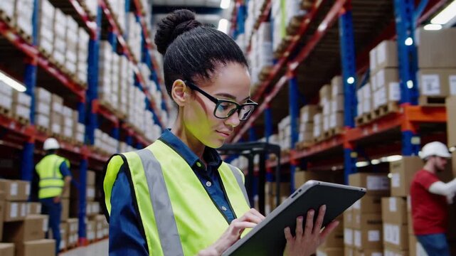 Female Warehouse Manager Checking Inventory in Logistics Storage Facility