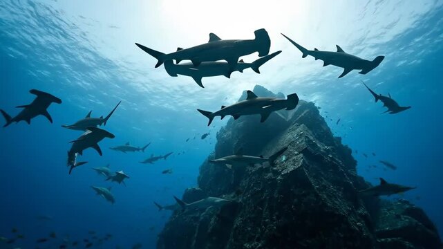 Large school of hammerhead sharks and reef sharks gather above a vibrant coral reef near a underwater rock formation, with sun rays piercing the clear blue ocean surface