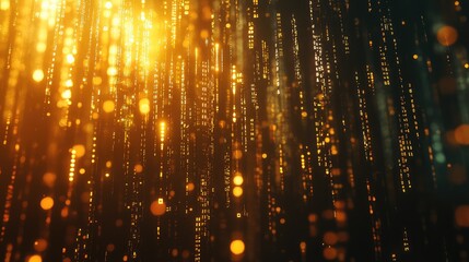 Golden glowing data streams, composed of numbers and symbols, falling against a dark background, illustrating concepts of digital information and technology