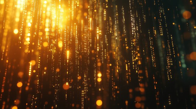 Golden glowing data streams, composed of numbers and symbols, falling against a dark background, illustrating concepts of digital information and technology - Powered by Adobe