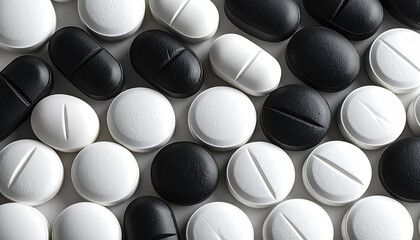 Multiple tablet pills are arranged in geometric layout with dark minimal medical design
