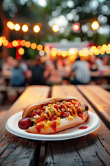 Delicious hot dog topped with mustard, ketchup, and onions on a wooden table at a festive outdoor gathering