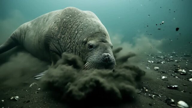 Walrus is actively searching for food on the seabed, disturbing the sand and finding various shellfish scattered across the ocean floor in the cold clear water