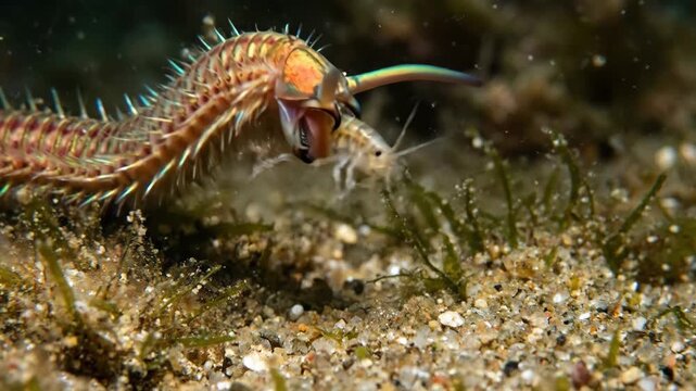 Bristle worm capturing an amphipod underwater, showcasing marine predation and the struggle for survival in a shallow ocean environment with clear details of both invertebrates