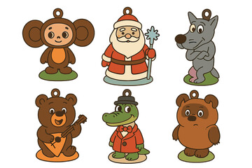 Fototapeta premium A collection of vibrant ceramic ornaments for Christmas trees featuring characters from Russian cartoons