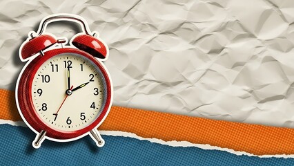 Red alarm clock on crumpled paper background with torn edges