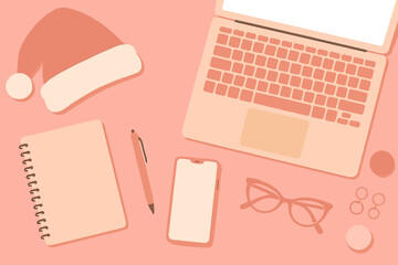 A feminine pink‑themed desktop workspace for the Christmas holiday, featuring a lady Santa hat and accessories on a stylish pink textured background, presented as a top‑view flat‑lay blog hero header