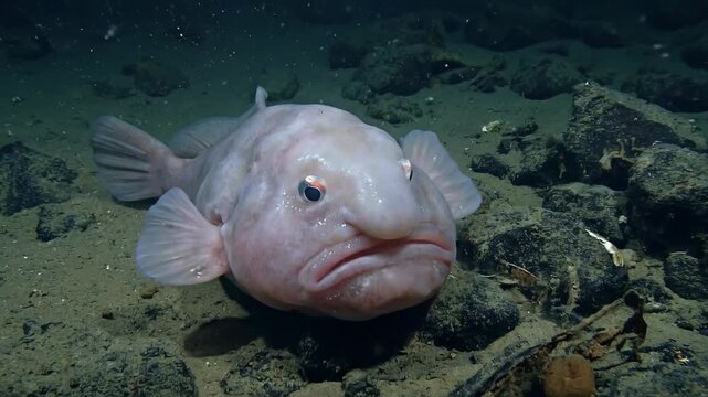 Blobfish resting on the rocky, sandy deep-sea floor, displaying its surreal, gelatinous features in the cold, high-pressure abyssal habitat of deepwater marine life