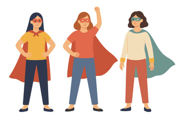 Obraz premium Flat-style vector illustration featuring three ordinary women in casual attire, each adorned with superhero elements such as masks, cloaks, and bracelets, set against a plain background