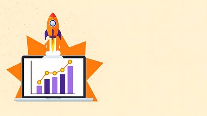 Rocket launching from laptop display showing upward bar chart for business growth concept