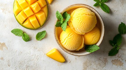 Mango Sorbet and Ice Cream Ball: Natural, Homemade Summer Treat in a Gourmet Presentation with Mint Leaves