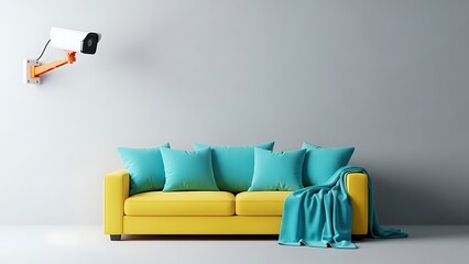 Indoor security camera monitoring modern living room with yellow sofa and blue pillows
